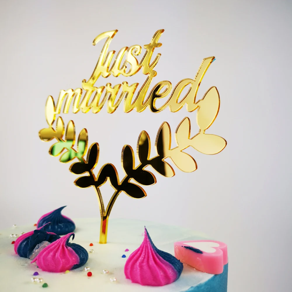 Just Married with Leaves Wedding Cake Topper Romantic Decor, Bride and groom Wedding Party Just Married  Cake Topper Supplies  (2)