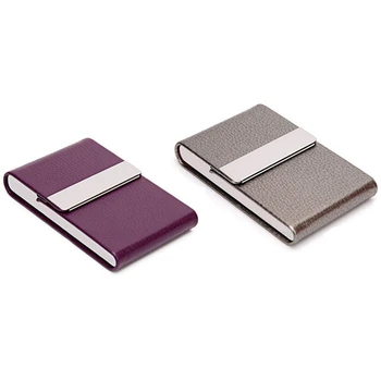 

2x PU Business Card Holder for Women Men Business Card Case Slim Name Card Holder with netic Shut,Gray & Purple