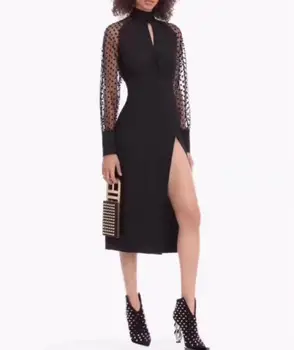 

Top Quality Celebrity Black Long SLeeve Women Dress Elegant Sexy Slit Elegant Vintage Evneing Party Dress