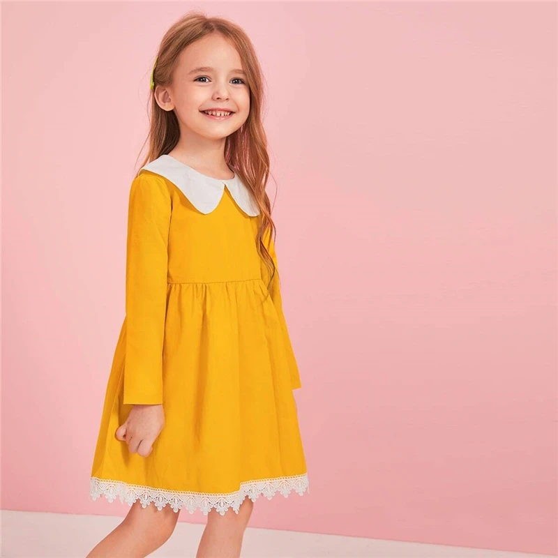 SHEIN/детское желтое кружевное милое платье с воротником в стиле Питера Пэна для маленьких девочек г. Осенние короткие платья в консервативном стиле с длинными рукавами и высокой талией
