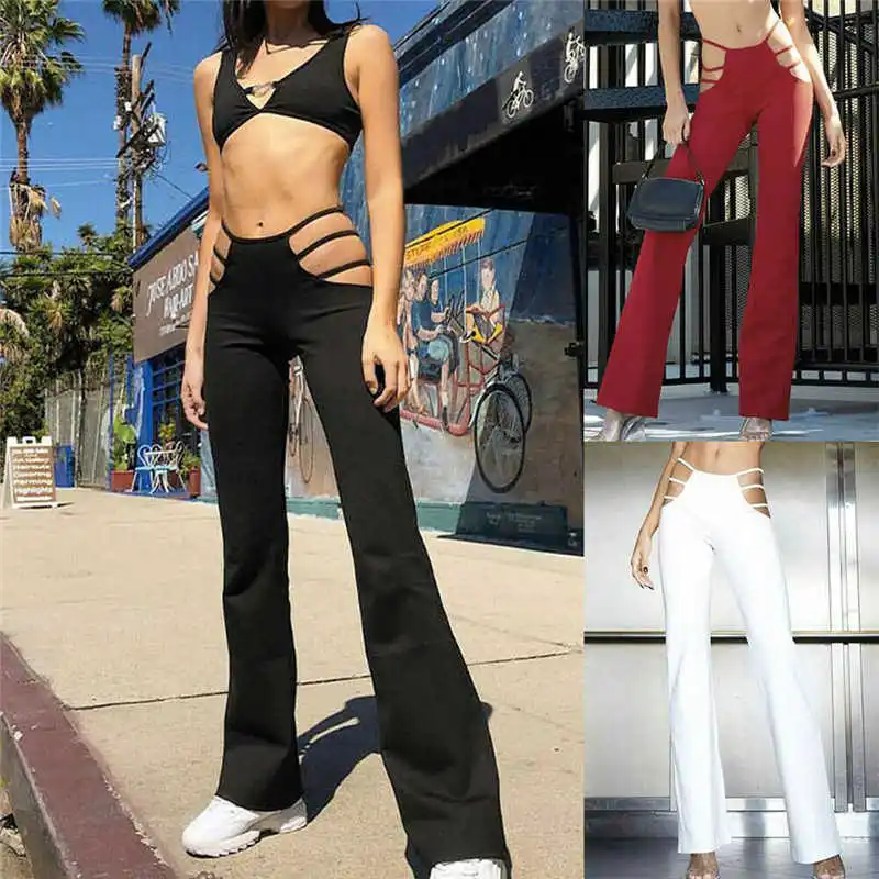 Женщины Strappy высокая эластичность талии из случайные леггинсы вырезанные полые длинные брюки