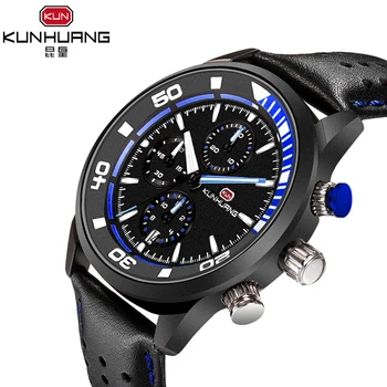 

KUNHUANG Mens Watches Brand Luxury Leather Business Sport Band Military Male Quartz Wristwatches Men Souvenir Gifts Reloj Hombre