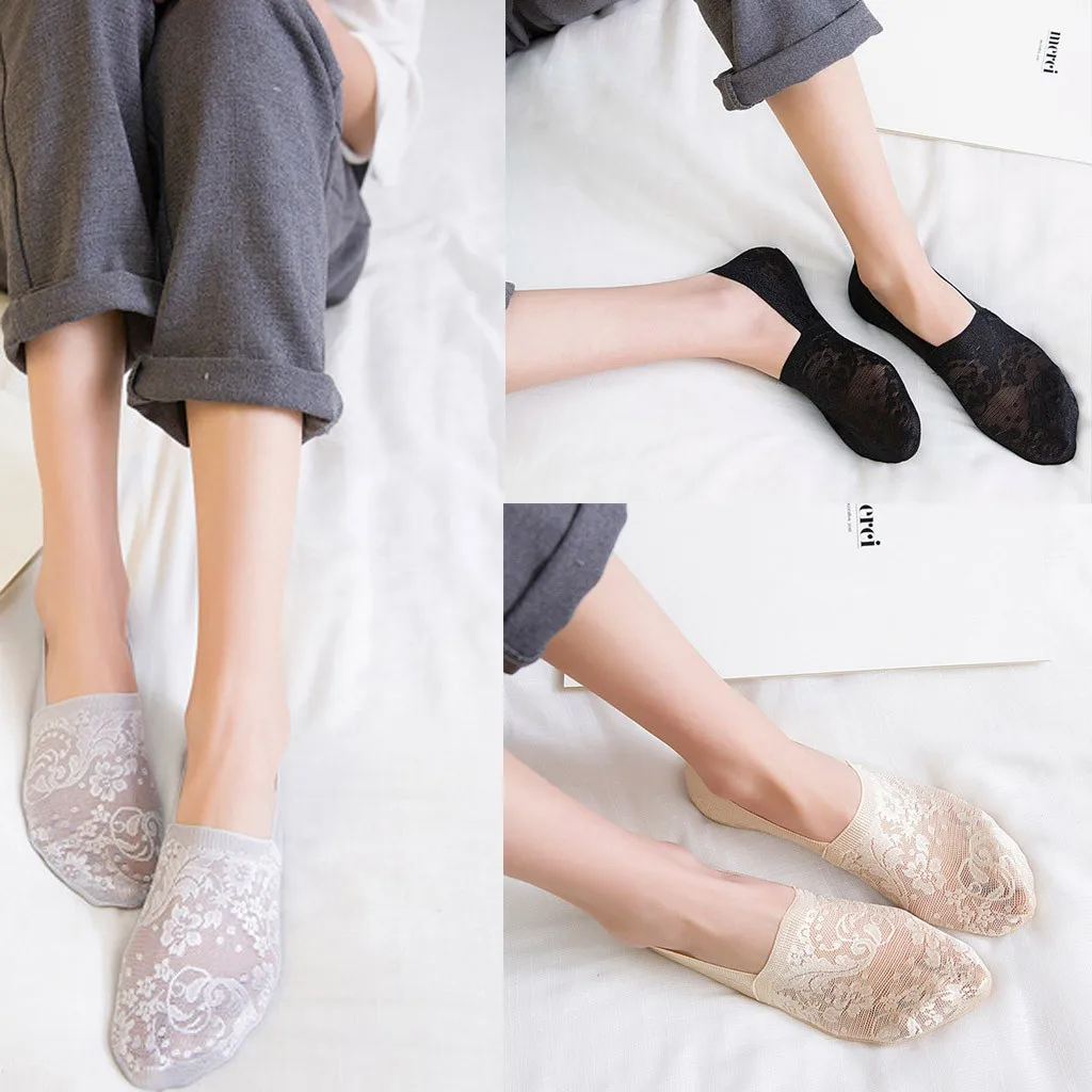 Fashion Women Invisible Dobule-layer Cotton Lace Low Cut Antiskid Ankle Socks
