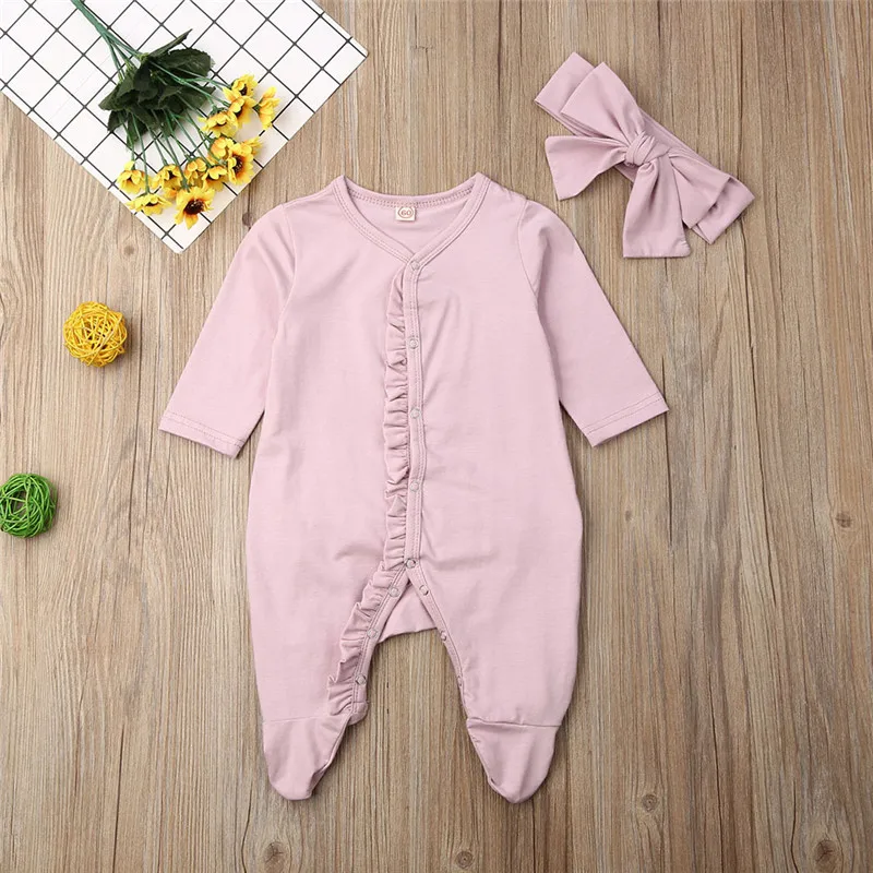 Одежда для новорожденных мальчиков и девочек; Милые однотонные Ползунки с оборками; комбинезон с длинными рукавами - Цвет: Фиолетовый