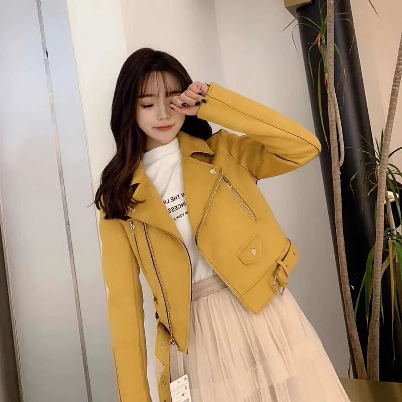 Ailegogo New Autumn Women Vintage Yellow Suede Leather Jacket