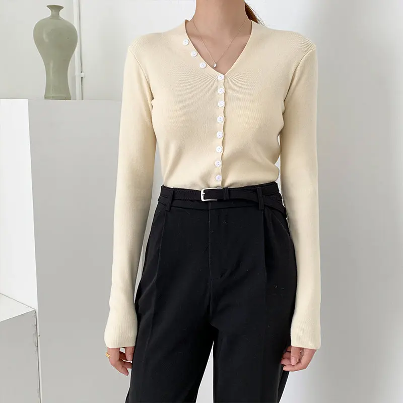 

HziriP Korea Fresh Single-Breasted Brief Chic Elastic Skinny Slimming Casual Solid Sexy All-Match Knitted Loose Basic Sweaters