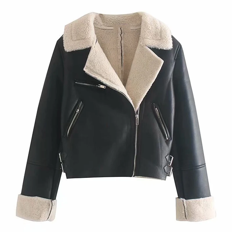 Fitaylor Winter Women Faux Leather Jackets Pu Motorcycle Biker Faux Lamb Fur Coat Warm Thickness Turndown Collar Zipper Outwear