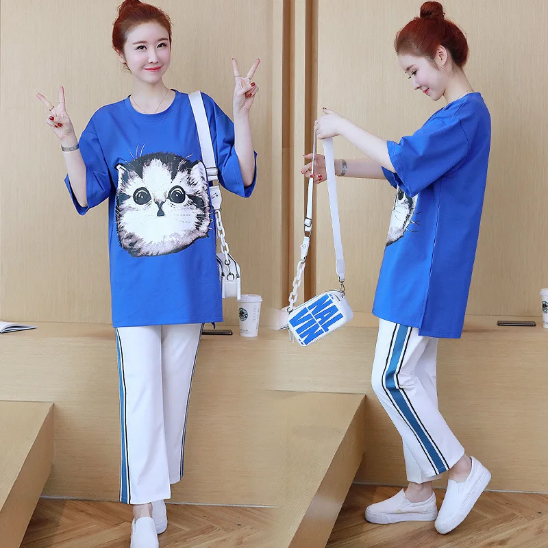 

Spring And Summer Korean-style Loose-Fit Medium-length Pregnant Women Set Cartoon Cat Tops Webbing Joint Harem Maternity Pants
