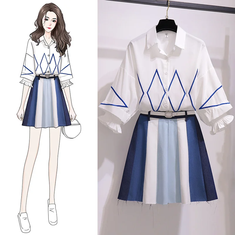 2021 Autumn Goddess Adult Lady like Woman High Waist Denim Splicing Skirt Pure Embroidered Shirt Two-Piece Suit | Женская одежда