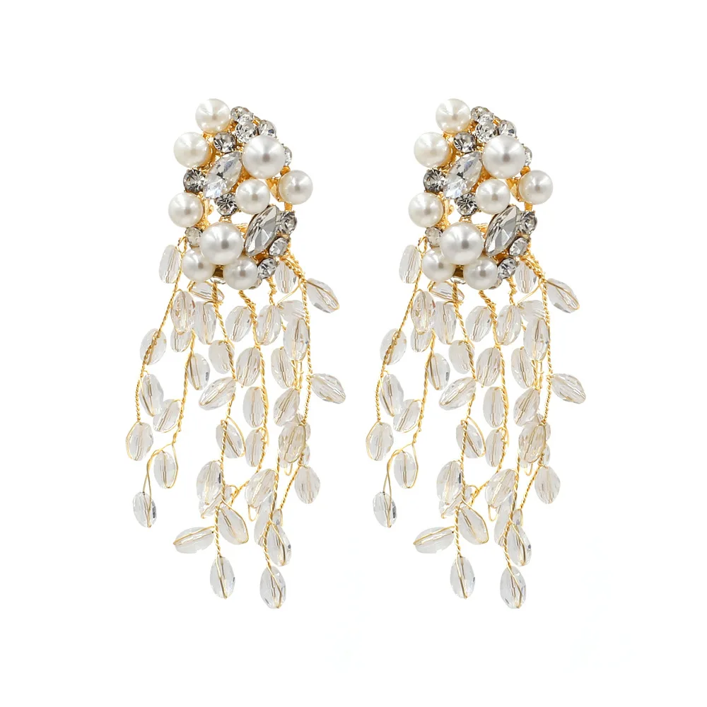 

Long Section Crystal Tassel Earring Western Style Pearl flowers Studs New Autumn And Winter Handwork Accessories