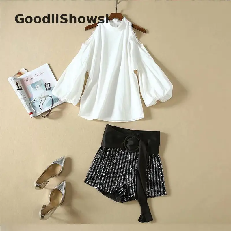 GoodliShowsi, весна, шикарный комплект из 2 предметов, белый топ с пышными рукавами и открытыми плечами+ черные штаны с блестками, женские костюмы с шортами