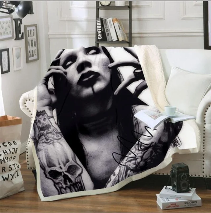 

Singer Marilyn Manson 3D Sherpa Blanket Velvet Plush Throw Fleece Blanket Bedspread Couch Sofa Quilt Cover Travel Bedding 01