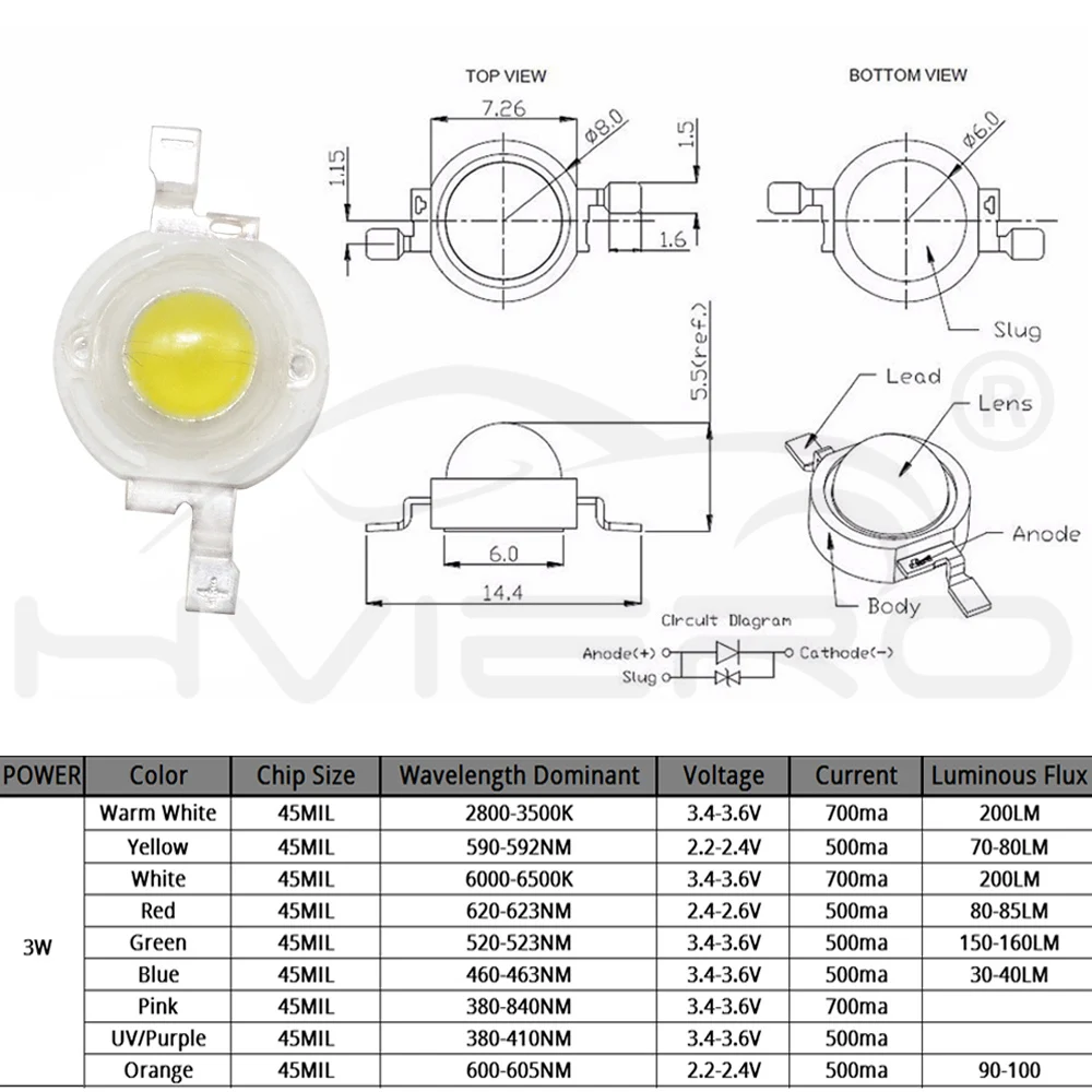 Hviero 3W High Power Chip white Red Blue Green light Bead Emitter LED Bulb Diodes Lamp Beads with 20mm Star PCB Platine Heatsink