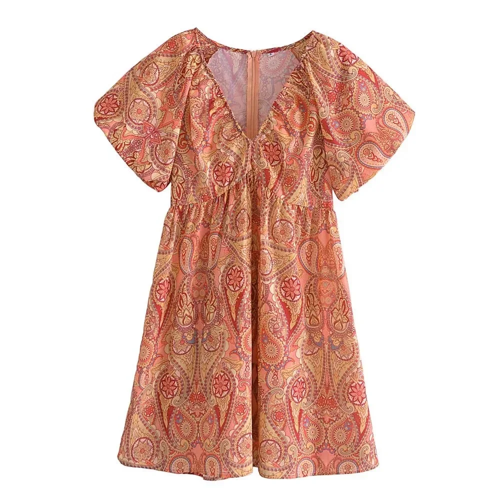 

2023 Spring new fashion cashew print V neck short sleeve bubble sleeve dress