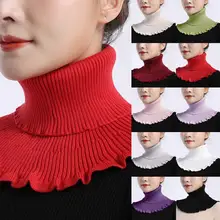Ladies turtleneck com nervuras de malha falso colar inverno à prova de vento cor babados destacável cachecol envoltório