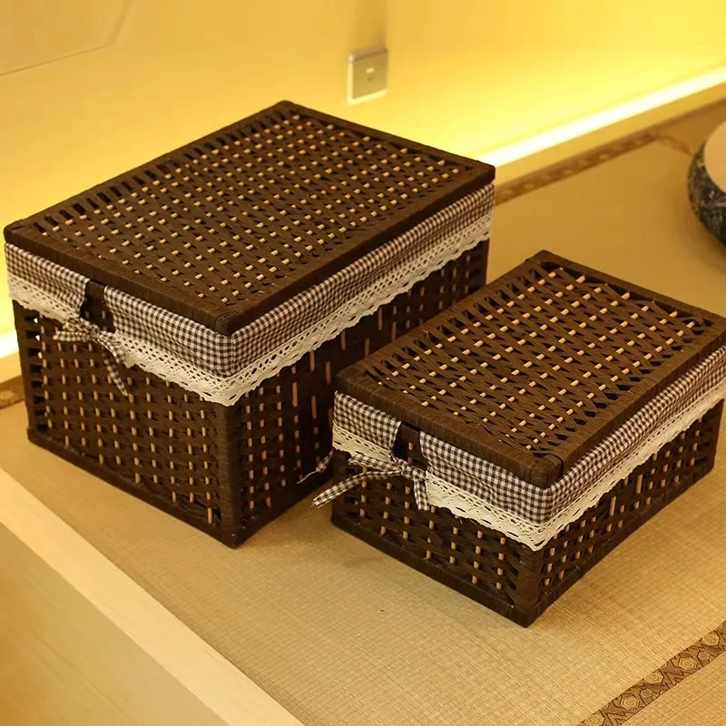 Laundry Storage baskets container Paper rope Cloth Storage Rectangular Basket with lid Decorative Wood Organizer Box Large Small
