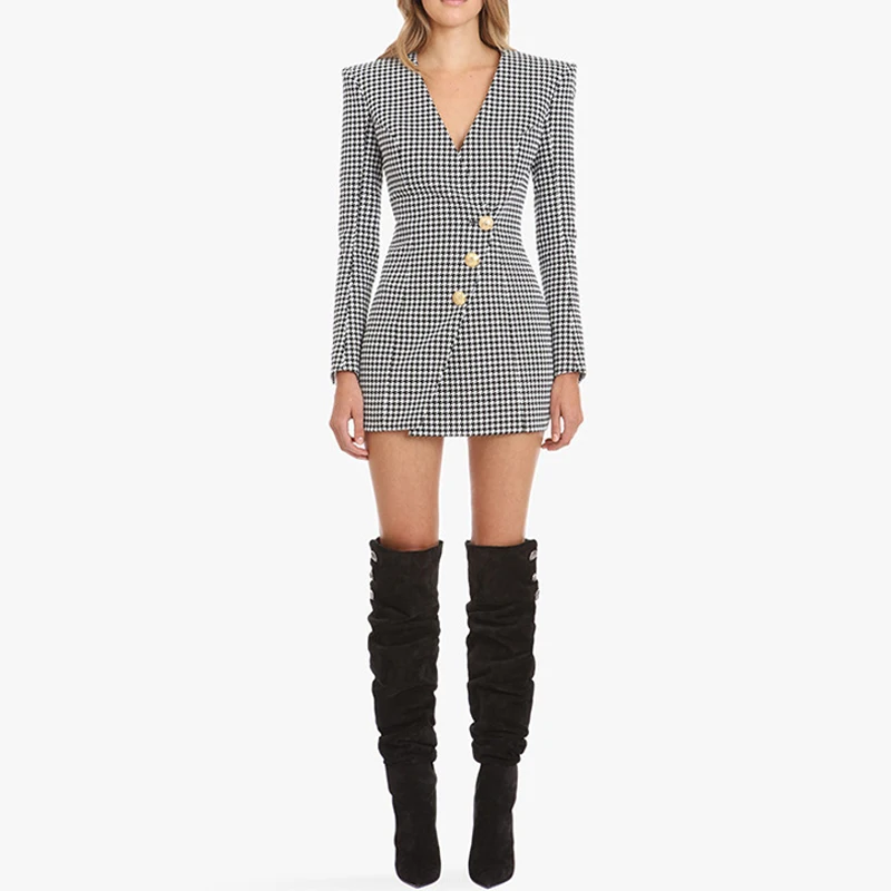 Women Elegant Plaid Dress Autumn Houndstooth Office Ladies Sexy V Neck Long Sleeve Party Bodycon Vestidos | Женская одежда