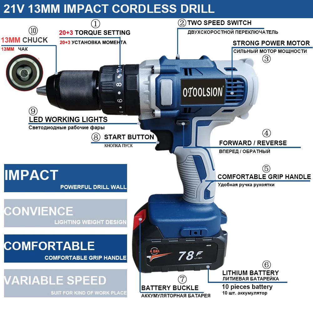 21V Cordless Drill Wireless Drill 20+3 Torque Electric Tools 2in1 Drill And Screwdriver With Batteries With Screwdriver Bag (6)