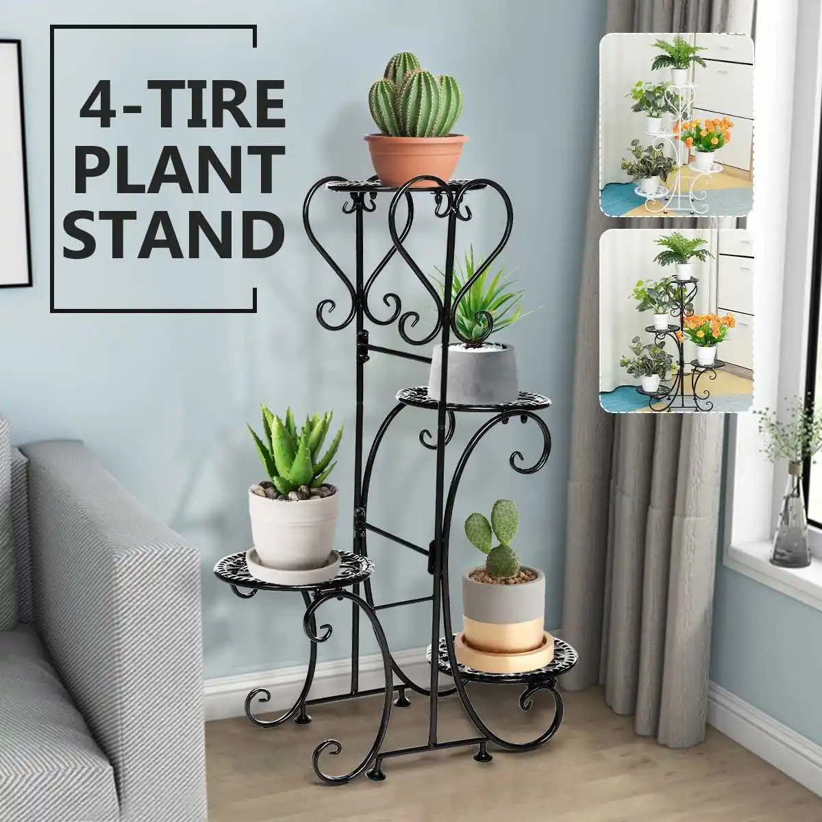

4 Tier Iron Plant Shelf Flower Rack Nordic Metal Floor Shelf Multi-layer Metal Shelves Plants Stand Outdoor Yard Garden Decor