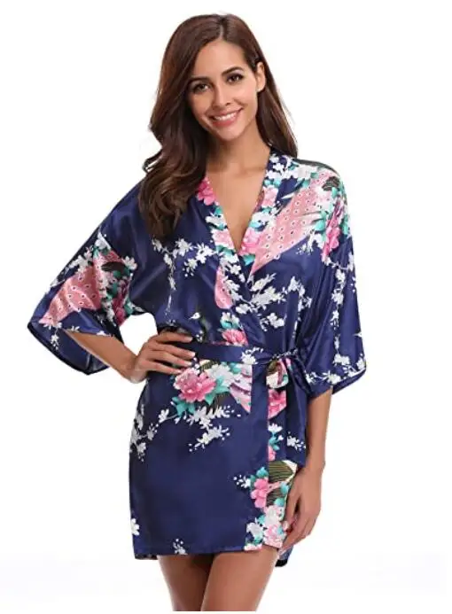 Silk Satin Wedding Bride Bridesmaid Robe Floral Bathrobe Short Kimono Robe Night Bath Fashion Dressing Gown For Women