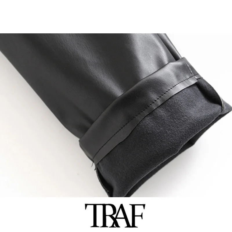 TRAF, женские винтажные стильные штаны из искусственной кожи с ремнем, модные штаны на молнии с боковыми карманами, женские брюки, шикарные Панталоны