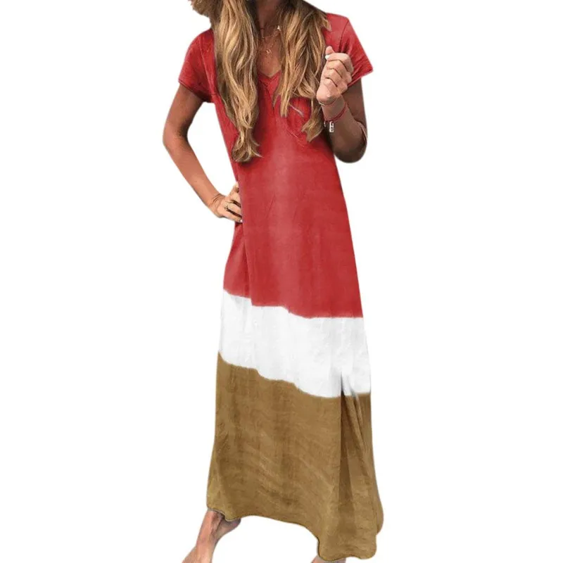 

Women Casual Short Sleeve V-Neck Dress 2019 Loose Fashion Color Matching Irregular Dress Female Cotton Linen Long Dresses