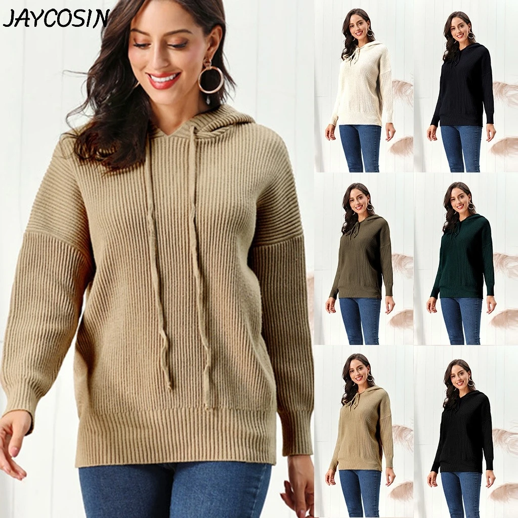 JAYCOSIN, Женская толстовка, простая, дикая, одноцветная, с длинным рукавом, теплая, зимняя, повседневная, свободная, с капюшоном, вязаный свитер, пуловер, топы