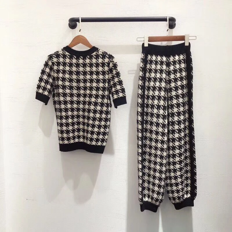 LINGHAN Wool Blend Knitting Pants Suits Women's Fashion Black White Lattice Sweater Two Piece Set Designer Autumn New