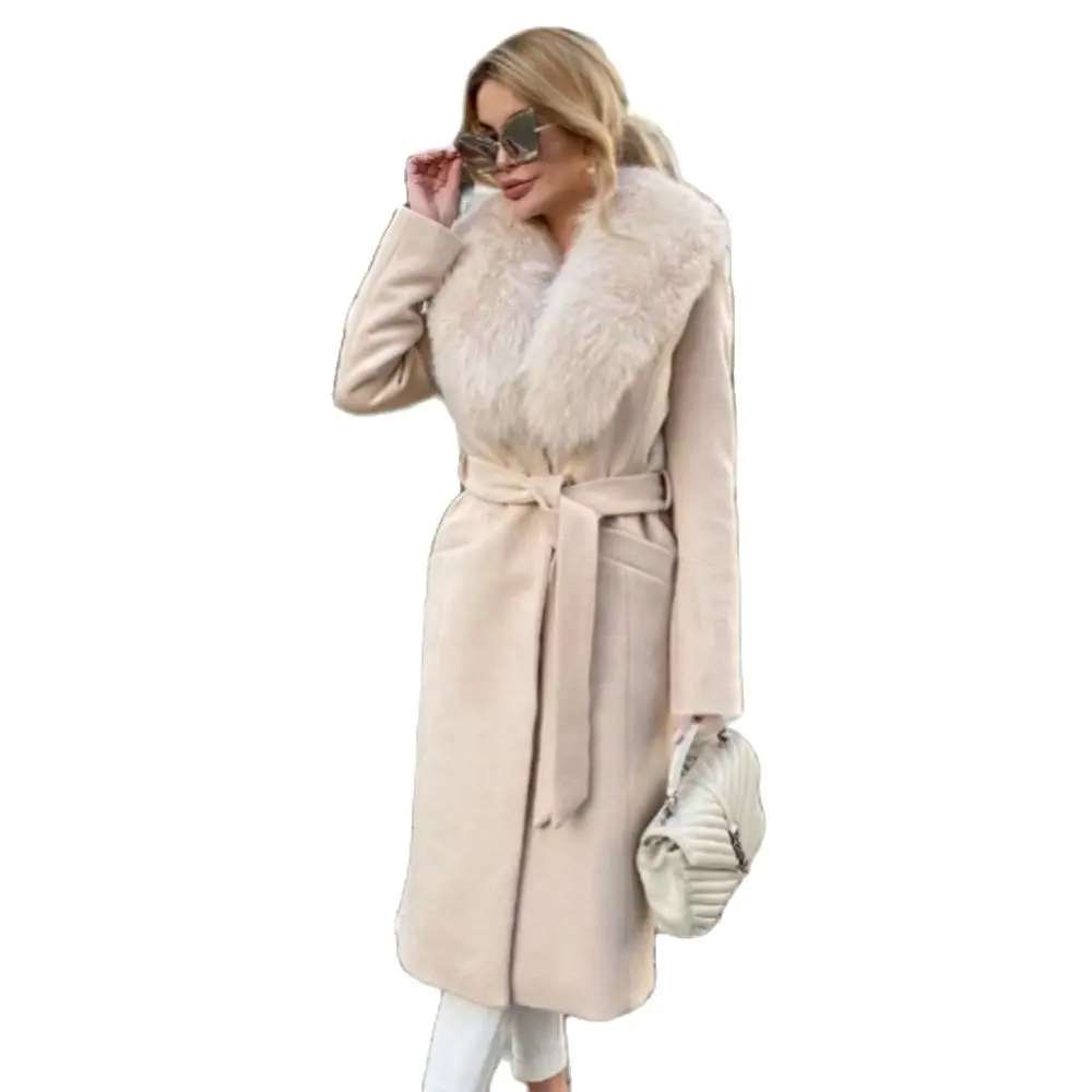 Fashion Long Wool Blends Coat with Fox Fur Lapel Collar Natural Woman Winter Trendy Genuine Fox Fur Cashmere Overcoats Luxury