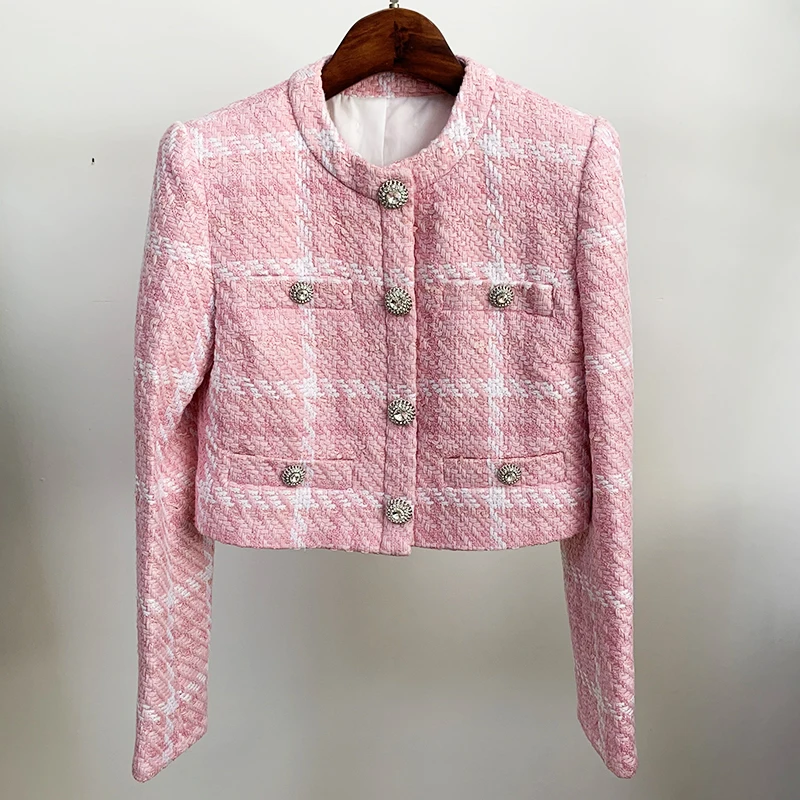 

HIGH STREET Newest 2021 Designer Short Coat Women's Sweet Diamonds Buttons Wool Blends Woven Colors Plaid Tweed Short Jacket