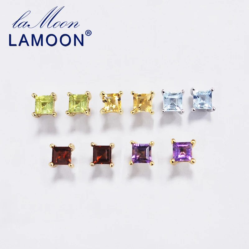 

LAMOON S925 Sterling Silver Square Natural Gemstone Birthstone Stud Earrings Gold Color Fine Jewelry for MoM Women LMEI103