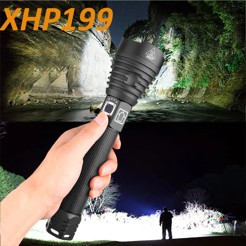 

XHP199 Super Powerful Xlamp 26650 Battery LED Flashlight Tactical XHP70 Flash Light USB Rechargeable Waterproof Lamp For Camping