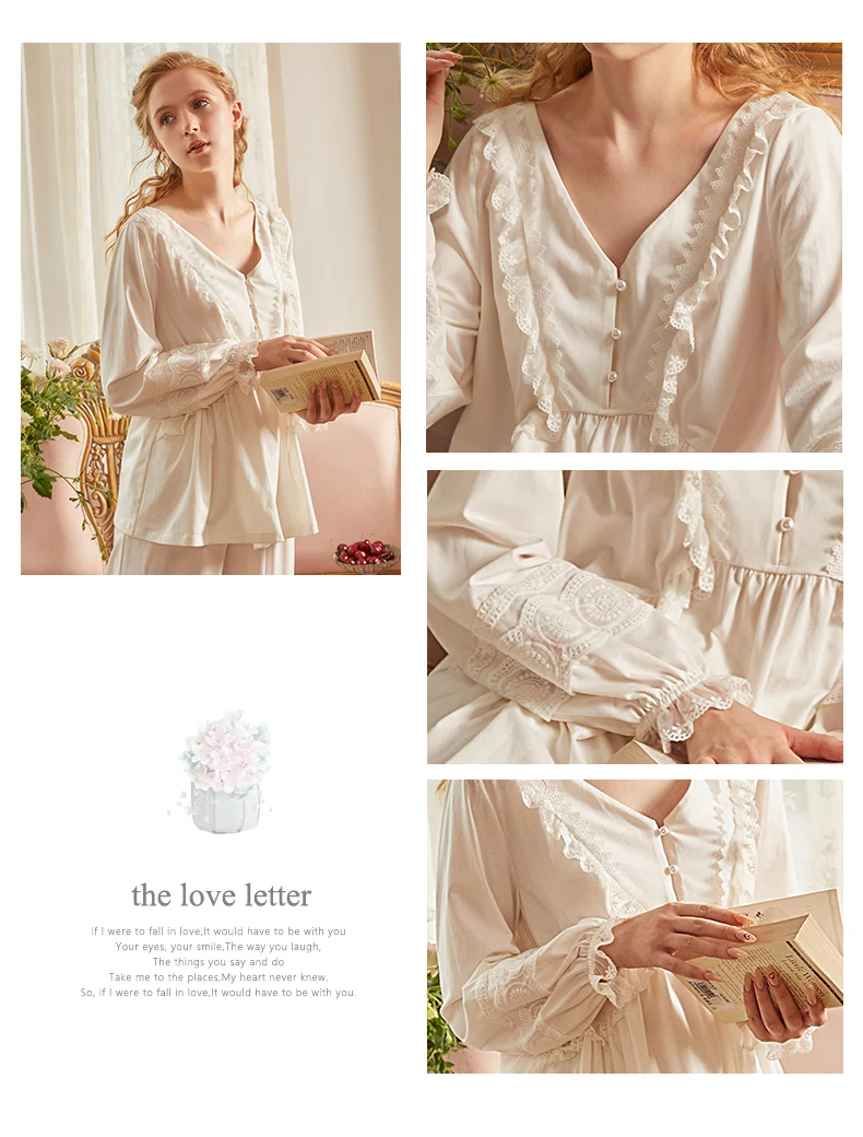 Vintage Cotton Women's Long Sleeve Pajama Set, Victorian Sleepwear Set –  Belleroz