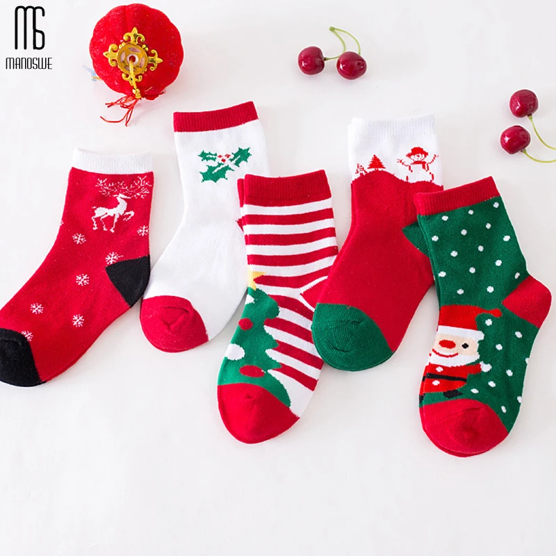 Manoswe New Kids Christmas Socks Autumn& Winter Casual Jacquard Warm Wild Men And Women Baby Socks 5 Pairs