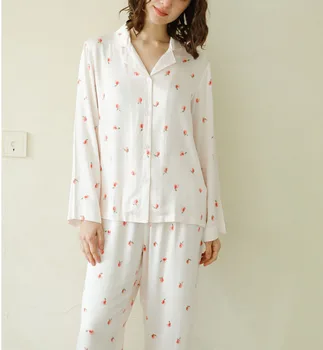 

2020 Spring Pajamas Set Women's Long-Sleeved Cardigan Tops with Long Trousers Peach Print Loose Style Pjs Women Clothes
