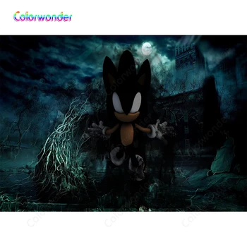 

Night Backdrops for Photography Black Hedgehog with Green Trees Ancient Brick Castle Sliver Moon Dark Clouds Halloween Backdrop