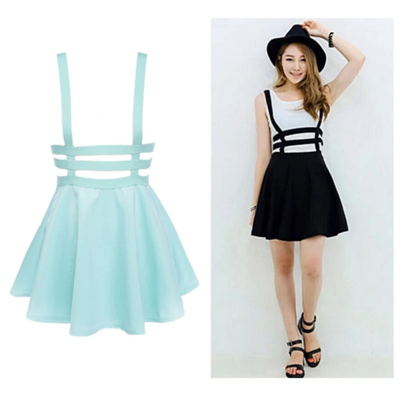 Vintage Women Skirts Hollow Out Mini Skater Skirt Summer Cute Suspender Clothes Straps High Waist Skirts Retro Solid Color Skirt
