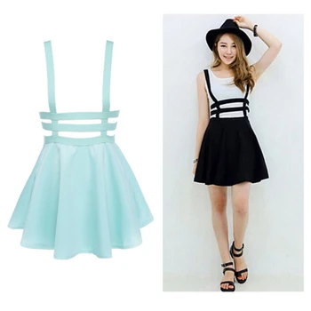 

Vintage Women Skirts Hollow Out Mini Skater Skirt Summer Cute Suspender Clothes Straps High Waist Skirts Retro Solid Color Skirt