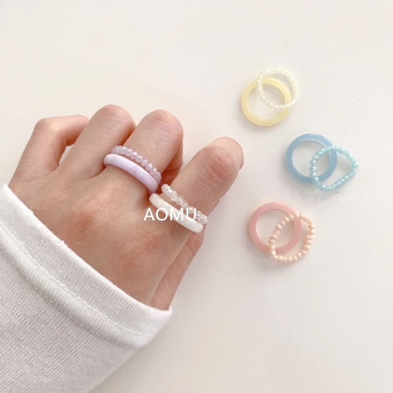 AOMU-Conjunto de anillos de resina Vintage para mujer, joyas de resina de cuentas de cristal coloridas de Corea para mujer, regalos de joyería de fiesta 2021