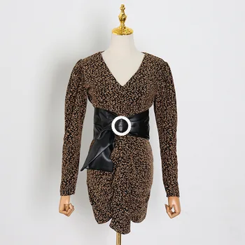 

2020 Early Spring Fashion Ladies Deep Temperament Deep V Bubble Sleeve Bright Silk Folds Show Thin Waist Sexy Women Dress