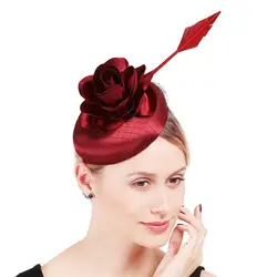 Женская Коктейльная Свадебная вечеринка Свадебная шляпа очарование Мода marron перо сатиновая Вуалетка Шляпа заколка для волос дамское