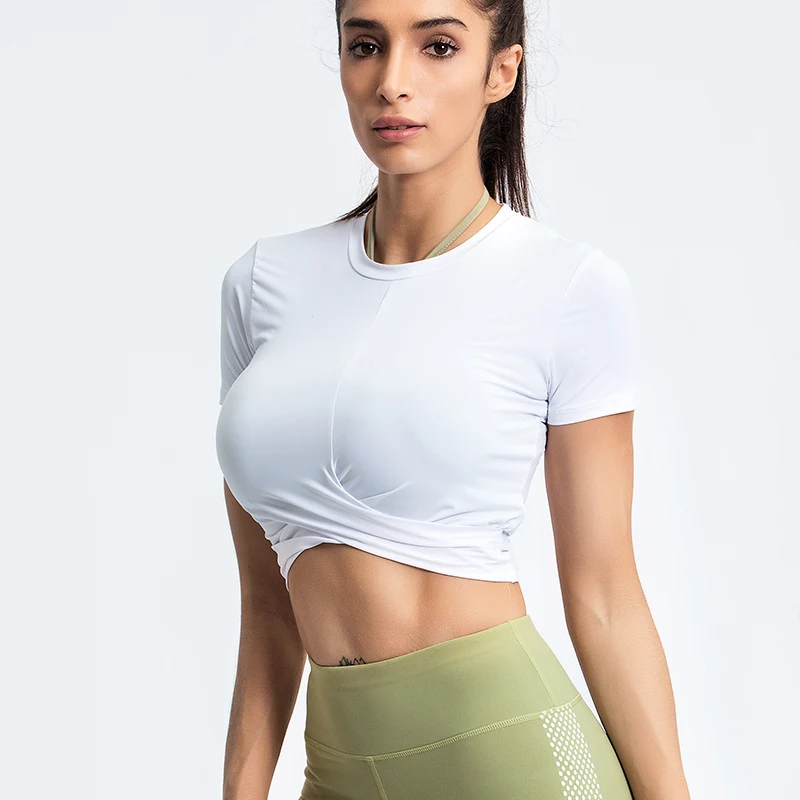 Women Sexy Crop Tops Gym Yoga Shirts Short Sleeve Workout Tops Running Sport T-Shirts High Elasticity Breathable Fitness Sportsw