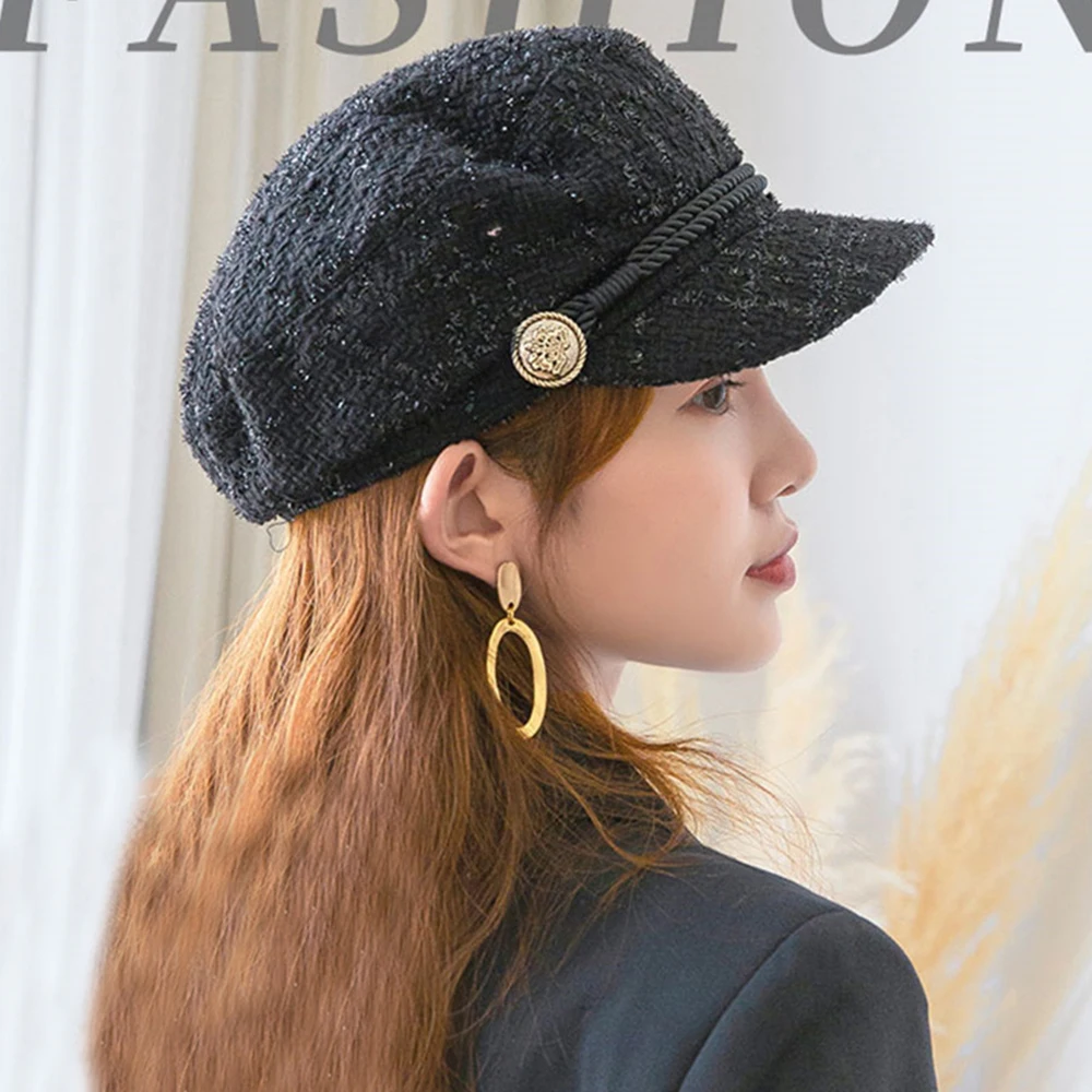 Newsboy Caps Tweed Hat Woman Flat Top Military Visor Cap Female Beret Hats Spring Autumn Winter