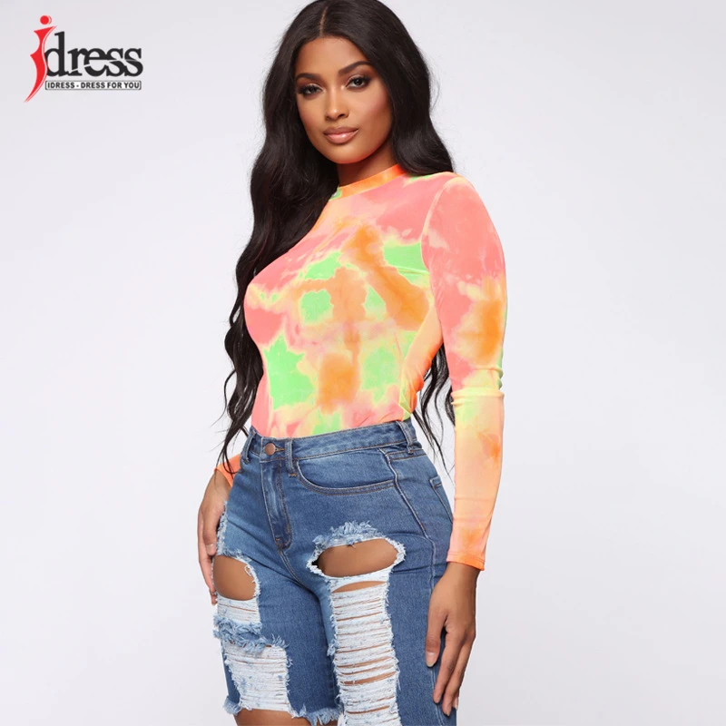 IDress 2020 Autumn Winter One Piece Rompers Bodycon Colorful Tie Dye Print Sexy Bodysuit Women Long Sleeve Party Body Outfit | Женская