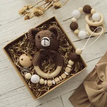 Anneau de dentition en bois pour bébé, 3, pièce/ensemble, Crochet, dessin animé, animaux, renard, ours, Lion, sucette, chaîne, Bracelet, nouveau cadeau d'anniversaire