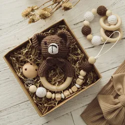 Baby Teether 3PC/SET Wooden Crochet Cartoon Animals Fox Bear Lion Rattle Pacifier Chain Bracelet Wooden New Birthday Present