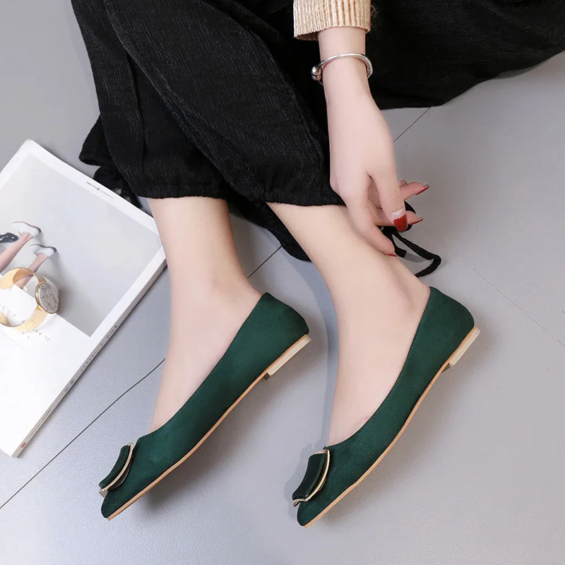 

Spring New Style Low-Cut Flat Top Shoes Women's Pointed Toe Square Buckle Flat Heel Shoes Women's Korean-style Suede Versatile W