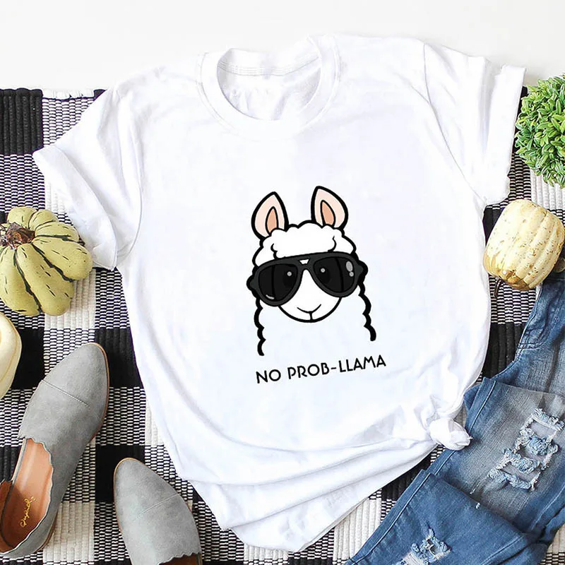 2019 Summer tshirt Women Cute Sheep Tops No Prob Llama Cartoon Head Print Short Sleeve Casual Tops Ladies Korean top