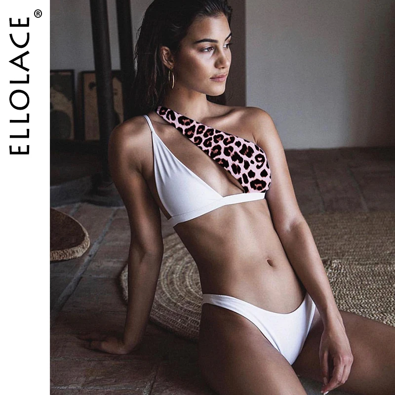 

Ellolace Leopard Deep-V Swimsuit Women Hollow Out One Shoulder Biquini Patchwork Bikini Set Bathing Suit Swimsuit New Beach Wear
