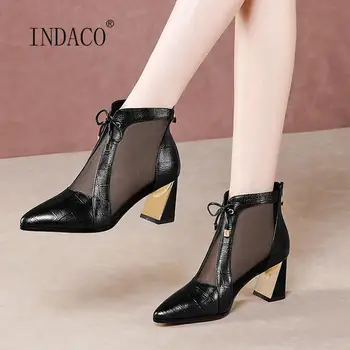 

2020 New Women Sandals Pointed Toe Leather Summer Shoes 6.5CM Mesh Sandals Thick Heel Party Shoes Black Off White Plus Size 42